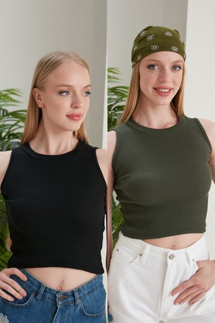Women's Black Khaki Halter Neck 2-Piece Crop Blouse