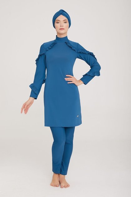Ruffle Design Lycra Fully Covered Hijab Swimsuit Mırına 4104 Petrol