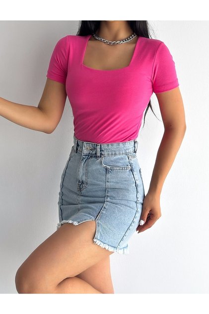 WOMEN'S SHORT SLEEVE SQUARE COLLAR VISCOSE BLOUSE BLZ11870