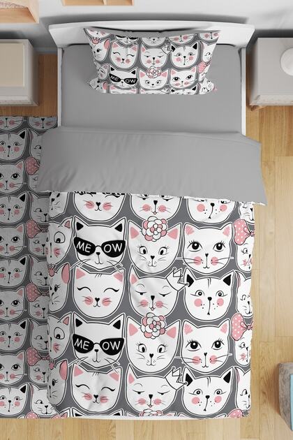 Pink Ribbon Cats Patterned Single Baby Kids Bedding Set