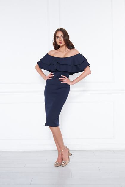 knee length dresses for ladies Petunia Navy Satin Floral Bardot Midi Dress – Club L London main image 0