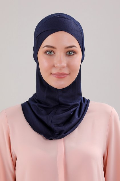 Hijab Hijab Crossed Bonnet with Neck Collar Lycra Flexible Ninja Bonnet Navy Blue