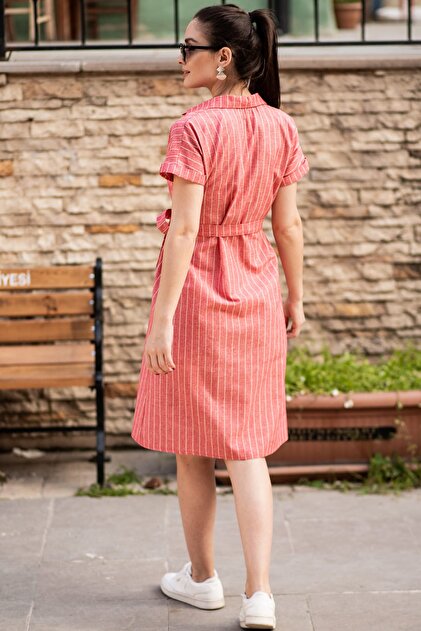 armonika Kadın Kırmızı Beli Kemerli Kısa Kol Keten Çizgili Elbise ARM-19Y001090 - 4