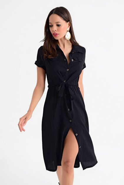 Cool & Sexy Kadın Siyah Gömlek Elbise SB37 - 1