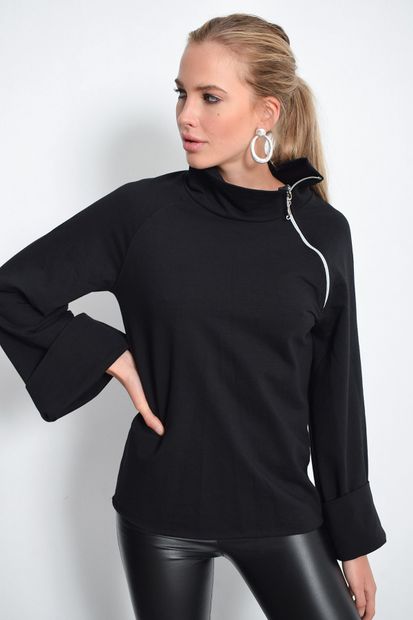 Cool & Sexy Kadın Siyah Fermuarlı Sweatshirt Yİ1629 - 2