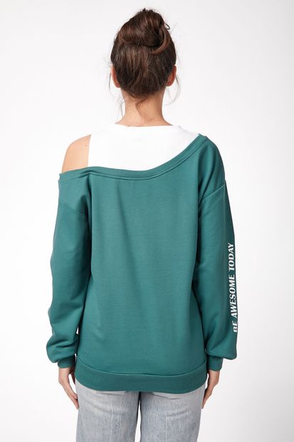 Happiness İstanbul Kadın Yeşil T-Shirt Detaylı Sweatshirt CR00245 - 3