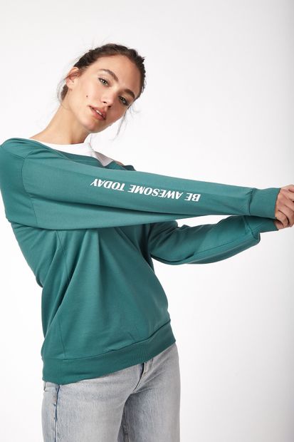 Happiness İstanbul Kadın Yeşil T-Shirt Detaylı Sweatshirt CR00245 - 2
