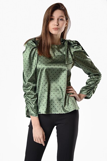 İroni Kadın Yeşil Fiyonklu Saten Bluz 3007-1350 - 3