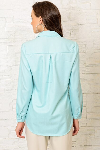 Trend Alaçatı Stili Kadın Mint Dokulu Basıc Gömlek DNZ-3104 - 4