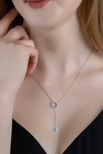 Gümüş Halka Tasarım Geçmeli Zirkon Taşlı Kolye