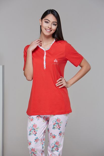 PJS Kadın Kırmızı Kısa Kol Pijama Takım 21454 - 2