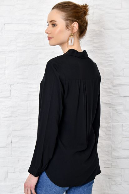 Trend Alaçatı Stili Kadın Siyah Dokuma Viscon Basıc Gömlek DNZ-3096 - 6