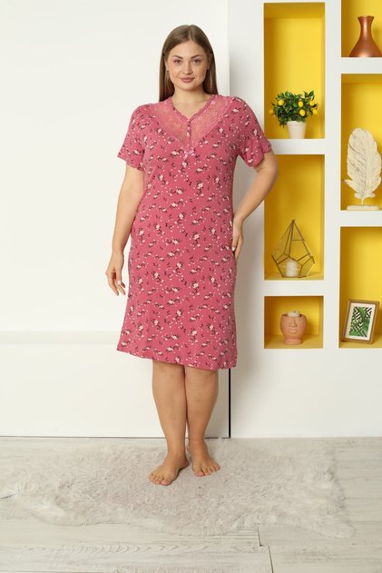 Pink Patterned Short Sleeve Lace Detailed Large Size Lycra Viscose Nightgown