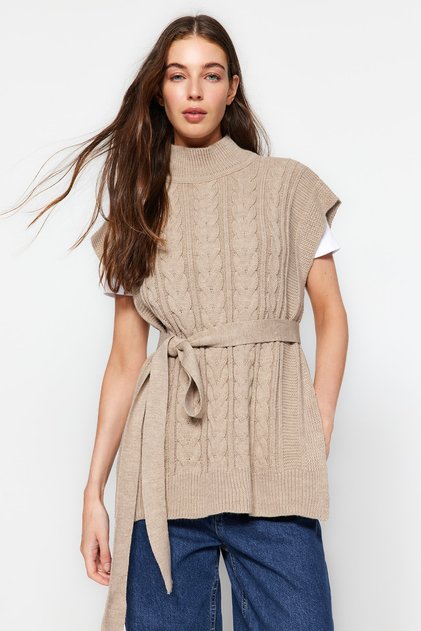Mink Wide Fit vlněný pletený svetr s páskem TWOAW22BZ0031