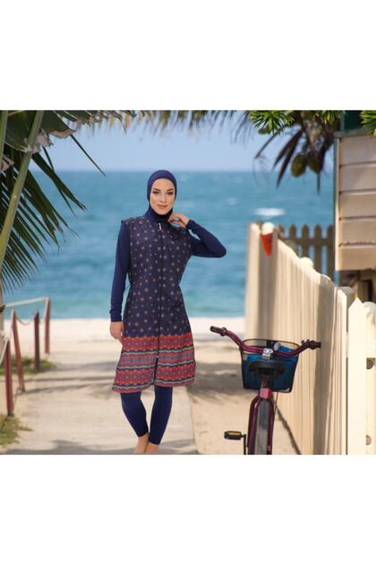 Long Micro Sleeve Floral Patterned Full Hijab Swimsuit