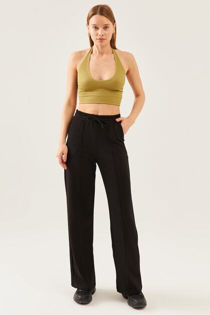Women's Black High Waist Drawstring Wide Leg Sweatpants