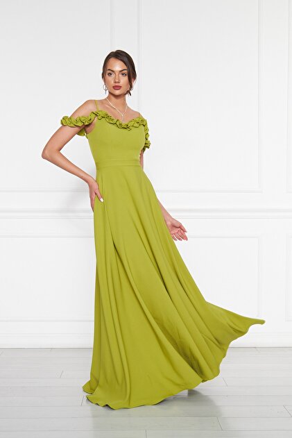 Bidoluelbise Women's Adjustable Strap Ruffle Detail Woven Fabric Maxi Flared  Evening Dress- Trendyol