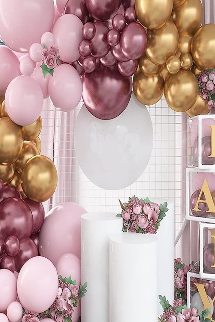 45 Pieces Pastel And Chrome Balloon Chain Set Light Pink, Chrome Pink And Chrome Gold Party Set