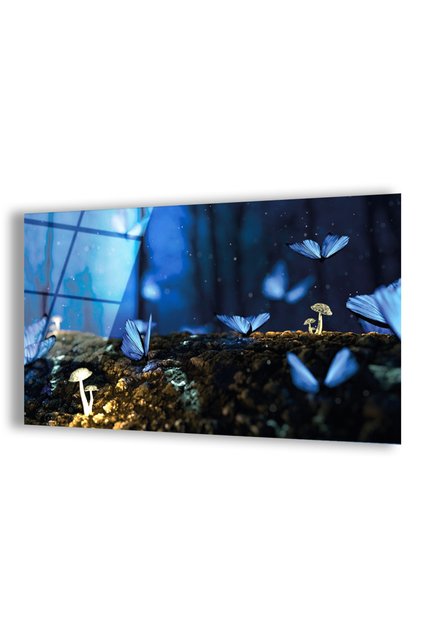 Blue Butterflies Above Frameless Horizontal Tree Unbreakable Glass Painting
