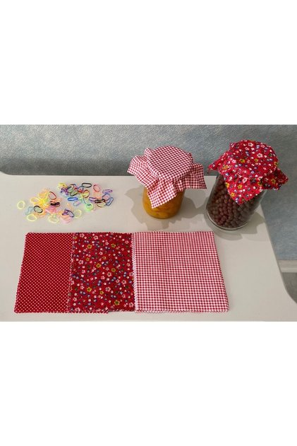 50 Pieces Red Mixed Jar Lid Fabric (Cover) and Colored Binding Rubber
