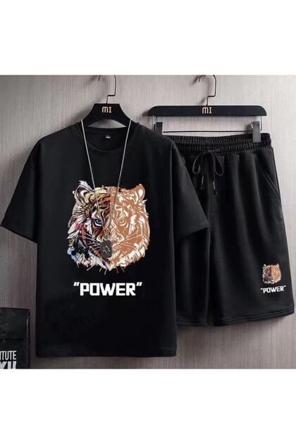 LARGE SIZE TIGER POWER CUSTOM PRODUCTION MEN'S DIGITAL PRINT T-SHIRT SHORTS SET