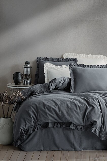 Graphite 100% Cotton Ruffled Double Duvet Cover Set 200*220 GRPHTCKT