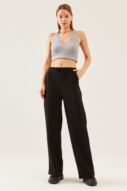 Women's Black High Waist Lace Up Elastic Waist Wide Leg Sweatpants