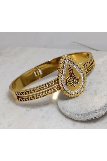 Asya Jewellery Altın Kaplama Zirkon Taşlı Tuğralı Çelik Kelepçe Bilezik - 1