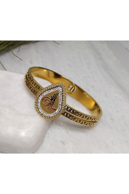 Asya Jewellery Altın Kaplama Zirkon Taşlı Tuğralı Çelik Kelepçe Bilezik - 2