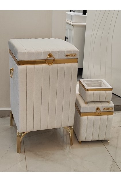 3 Parça Kare Krem Renk Altın Şeritli Lüks Kadife Banyo Kirli Çamaşır Sepeti