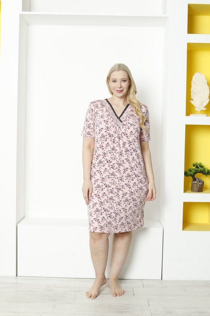 Pink Patterned Lace Short Sleeve Lycra Viscose Large Size Nightgown