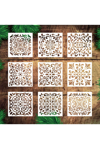 Stencil Tasarım 15x15cm 9 Parça Damask Stencil Seti, dekoratif boyama desen kalıbı