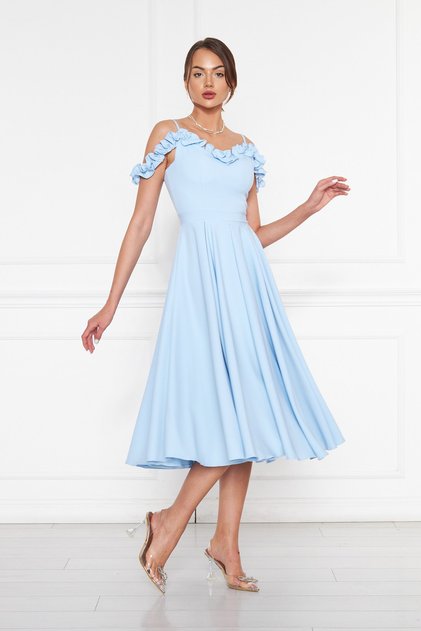 Rochie de seară midi, cu bretele reglabile, cu volane, țesătură țesătă, plisată
