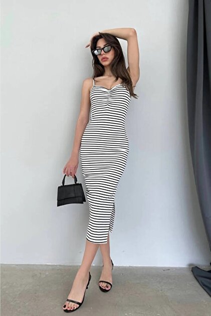 HARMONY GLOBAL Women's Summer Black Striped Slit and Thin Rope Strap Midi  Dress- Trendyol
