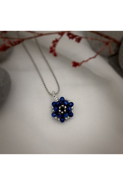 Navy Blue-Silver Cevşen Necklace - Chain / Handcrafted Crystal Bead Knitted /