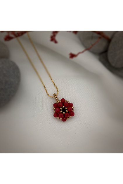 Red-Yellow Cevşen Necklace with Chain / Handcrafted Crystal Bead Knitted /