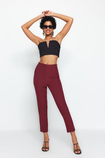 burgundy cigarette pants Trendyol Collection High Waist Ankle Length Dark Burgundy Cigarette Pants
