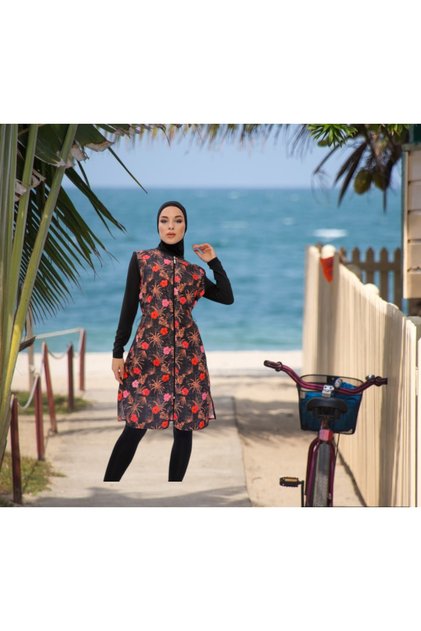 Long Micro Sleeve Floral Patterned Full Hijab Swimsuit