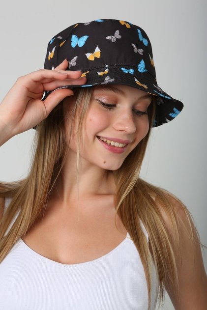 Butterfly Printed Black Women's Bucket Hat
