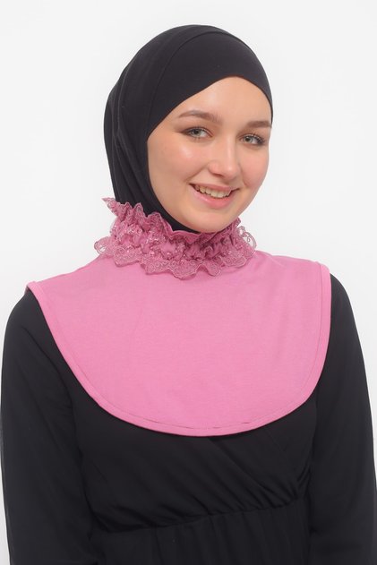 Women's Lace Frilly Rubber Smocked Turtleneck High Neck Hijab Neck Collar - Dark Pink