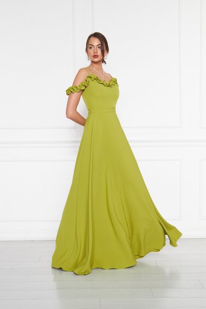 Pistachio Green Ruffle Collar Detail Adjustable Straps Woven Fabric Maxi Flared Evening Dress