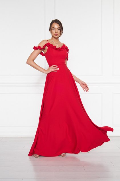 Red Ruffle Collar Detail Adjustable Straps Woven Fabric Maxi Flared Evening Dress