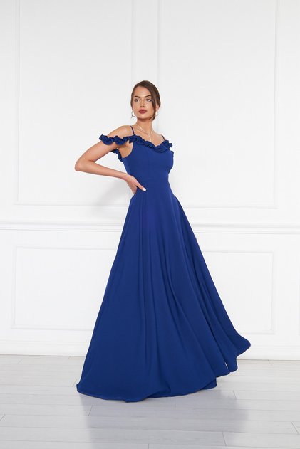 Sax Blue Ruffle Collar Detail Adjustable Straps Woven Fabric Maxi Flared Evening Dress