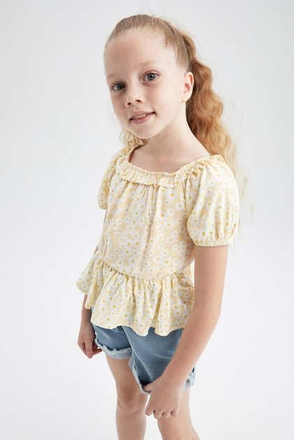 Girl's Crop Floral Patterned Short Sleeve Blouse