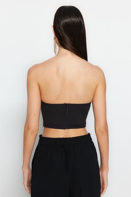 Trendyolmilla Siyah Crop Astarlı Korse Detaylı Örme Büstiyer