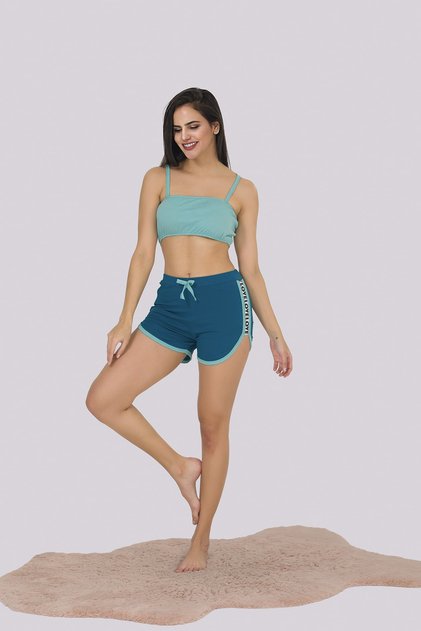 Women's Cyan Color Bustier Pajama Set with Strap Shorts 364