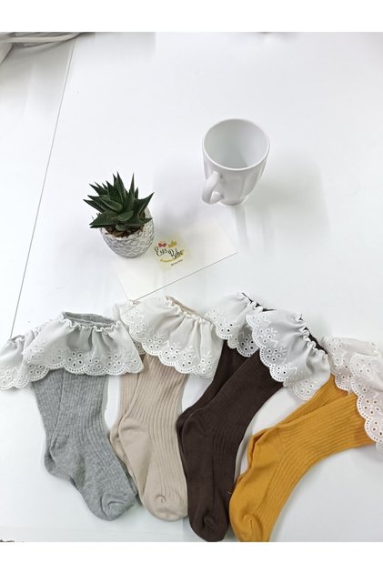 Gray saffron beige brown lacy knee-high baby kids socks