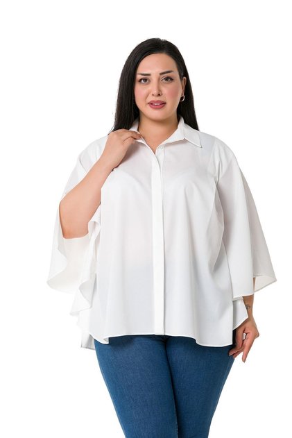 Plus Size White Shirt with Cloak Sleeves and Hidden Placket and Pleat Detail