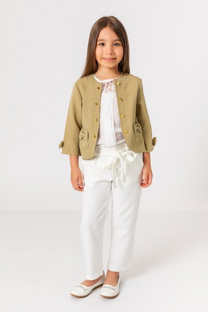 Girl's Khaki Jacket with Bow Detail