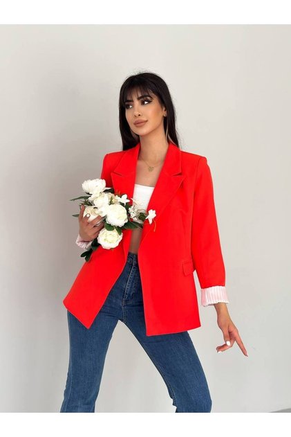 Kruvaze Yaka Düğmesiz Cepli Astarlı Katlanılabilir Kol Blazer Ceket